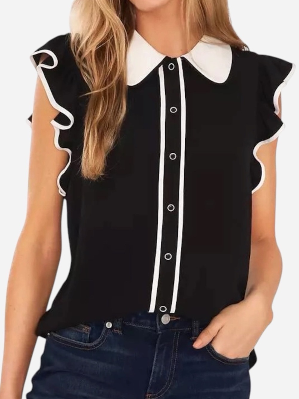 NEW CeCe Contrast Trimmed Collared Flutter Cap Sleeve Blouse Women’s Size XS